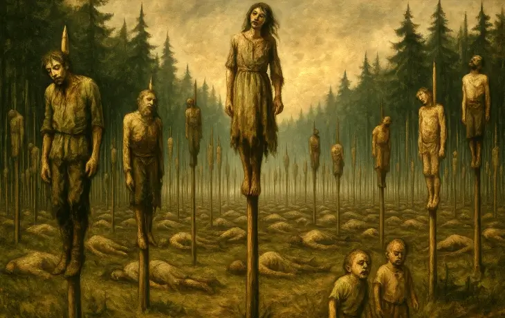 Ortaçağ ormanlık bir bölgede kazığa oturtulmuş insanların tasvir edildiği karanlık ve ürpertici sahne.